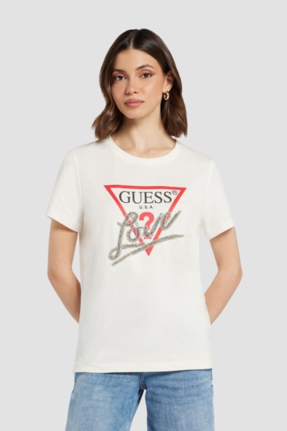 GUESS Biały t-shirt damski Love Tee, Rozmiar XS