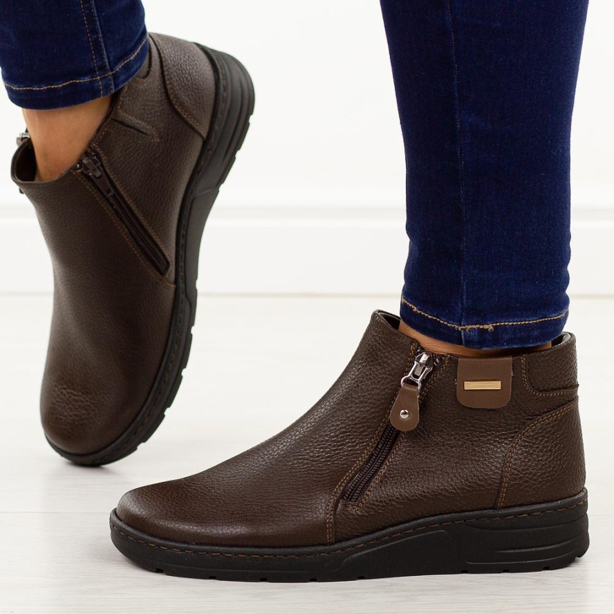 Brązowe skórzane Polskie botki damskie zimowe Deoni D468