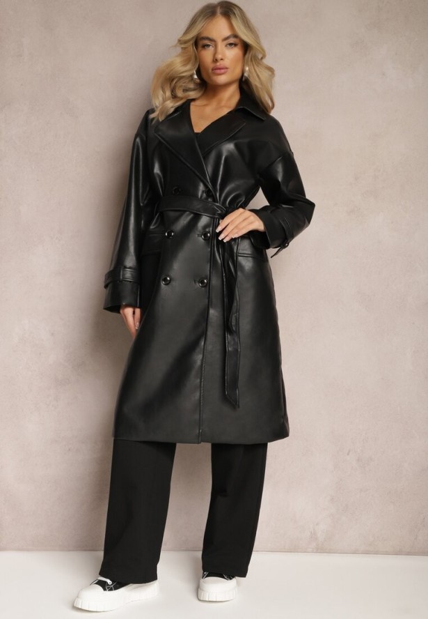 Czarny Dwurzędowy Płaszcz z Imitacji Skóry z Paskiem Dyrine