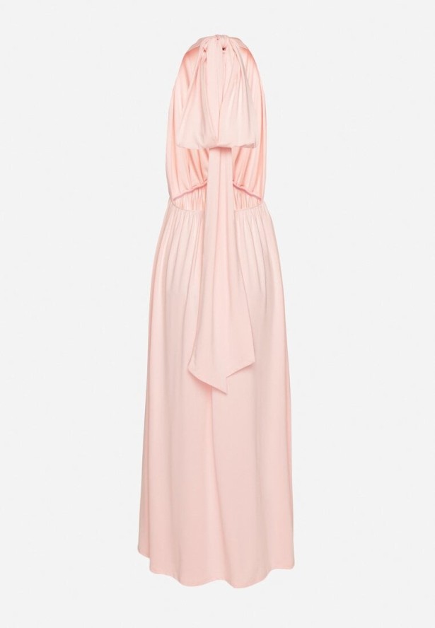 Różowa Koktajlowa Sukienka Multiway z Wiskozą i Wiązaniem na Szyi Lilazza