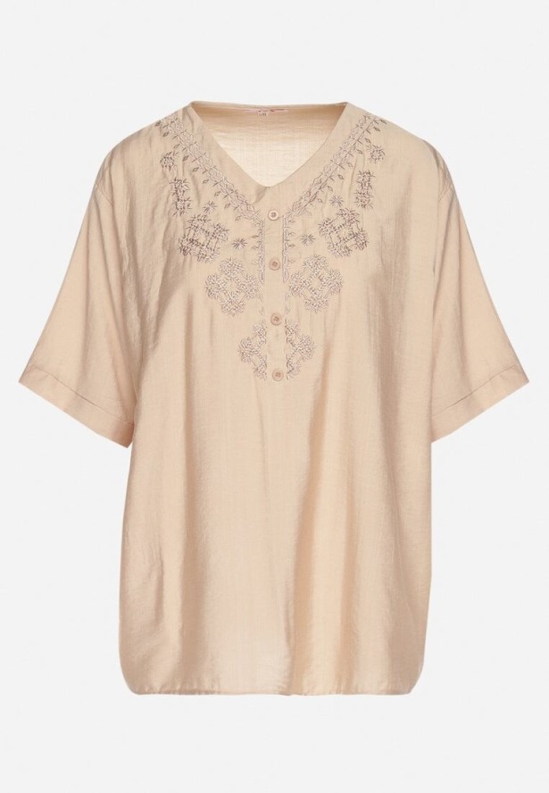 Beżowa Bawełniana Bluzka z Ozdobnym Haftem Rinevra