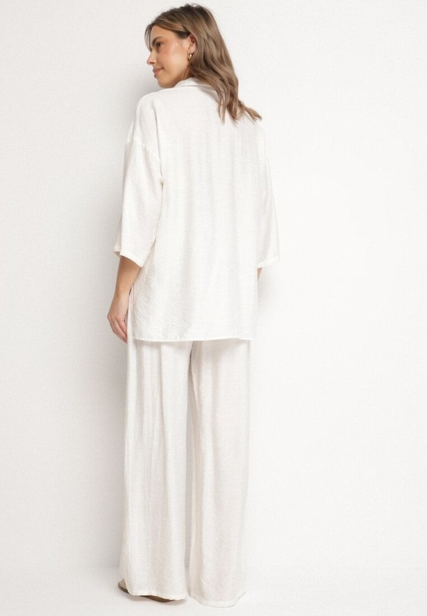 Biały Komplet z Wiskozy Koszula z Podpinanymi Rękawami i Szerokie Spodnie Dormoi