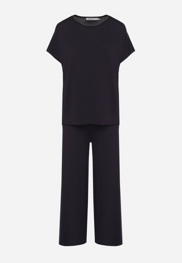 Granatowy Wiskozowy Komplet Szerokie Spodnie i T-shirt Inelora