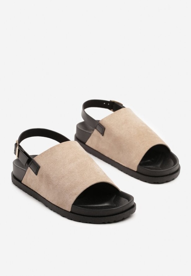 Ciemnobeżowe Sandały z Szerokim Paskiem z Ekozamszu Zapinane na Sprzączkę Galgis