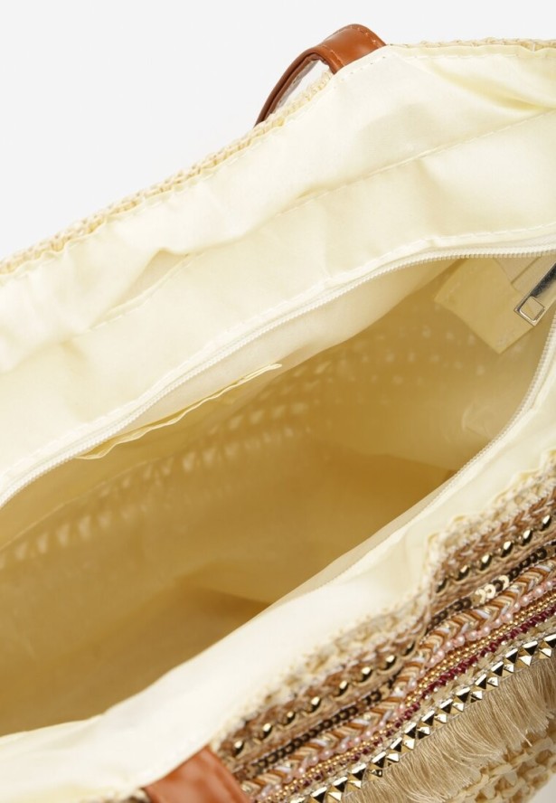 Beżowa Pleciona Duża Torebka Ozdobiona Frędzlami Rivarasia