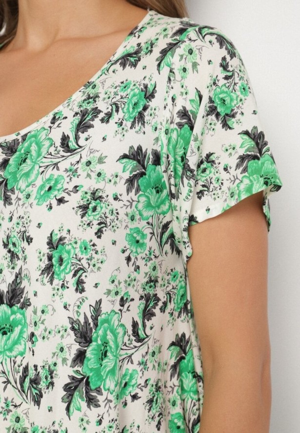 Zielona Sukienka Bawełniana z Asymetrycznym Dołem w Kwiatki Nativienne