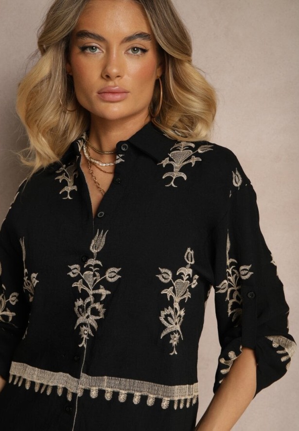 Czarny Wiskozowy Komplet Boho Koszula i Spodnie z Haftowanym Zdobieniem Helhiris