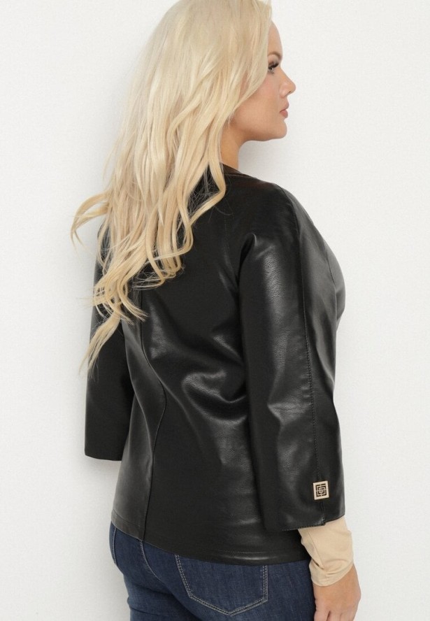 Czarna Gładka Kurtka Ramoneska z Rękawem 3/4 Mirseli