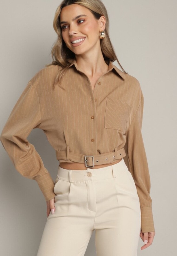 Beżowa Krótka Koszula z Ozdobnym Paskiem z Klamrą na Dole Arirti