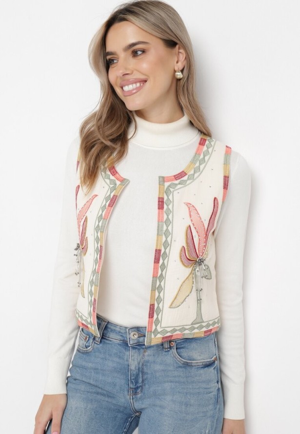 Beżowa Bawełniana Kamizelka Ozdobiona Kolorowym Haftem i Cyrkoniami Davimme