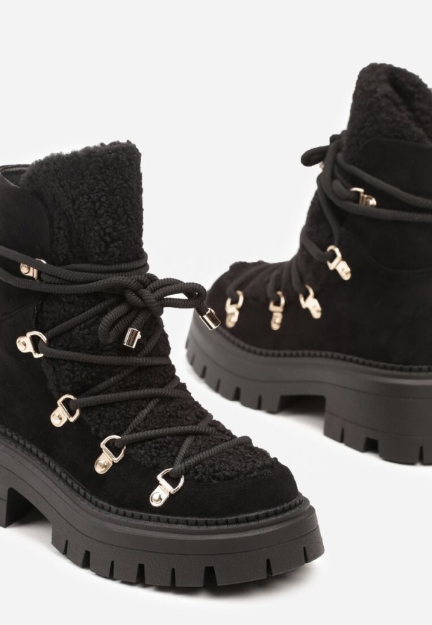 Czarne Sznurowane Śniegowce na Platformie z Ociepleniem Innathiel