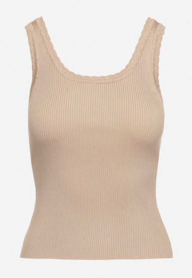 Ciemnobeżowy Klasyczny Top z Wiskozą i Metaliczną Nicią Riarria