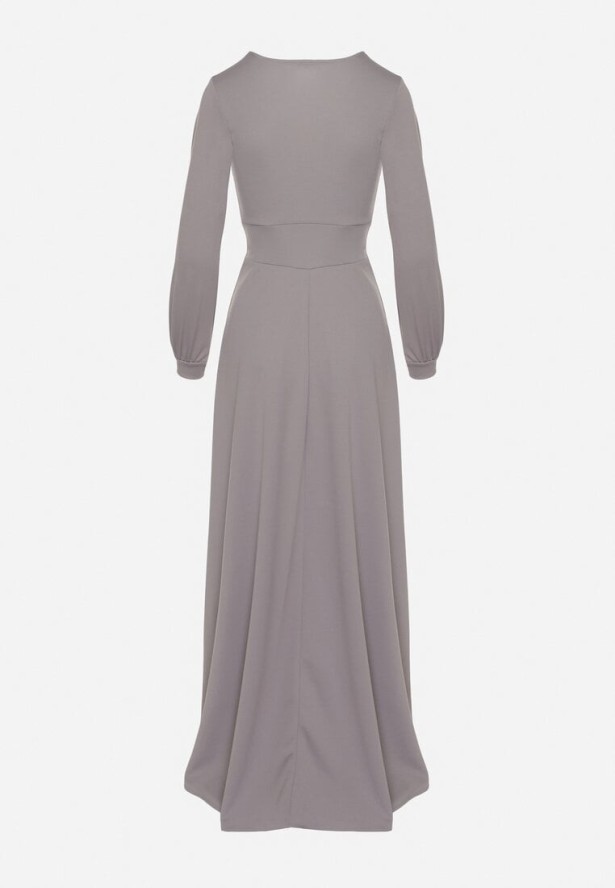 Szara Rozkloszowana Sukienka Koktajlowa z Bufiastymi Rękawami i Rozcięciem na Nogę Erqellia