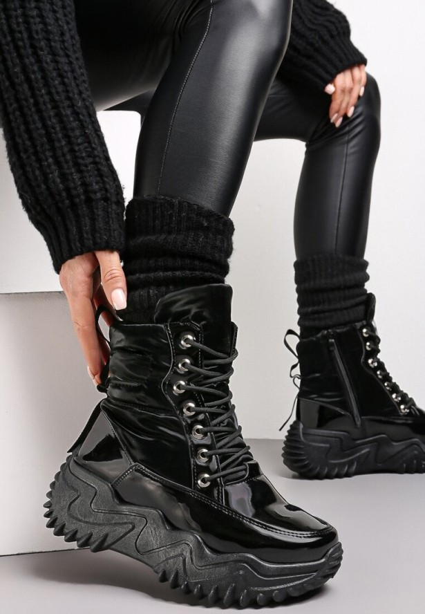 Czarne Lakierowane Sneakersy na Platformie z Wiązaniem Lorianah