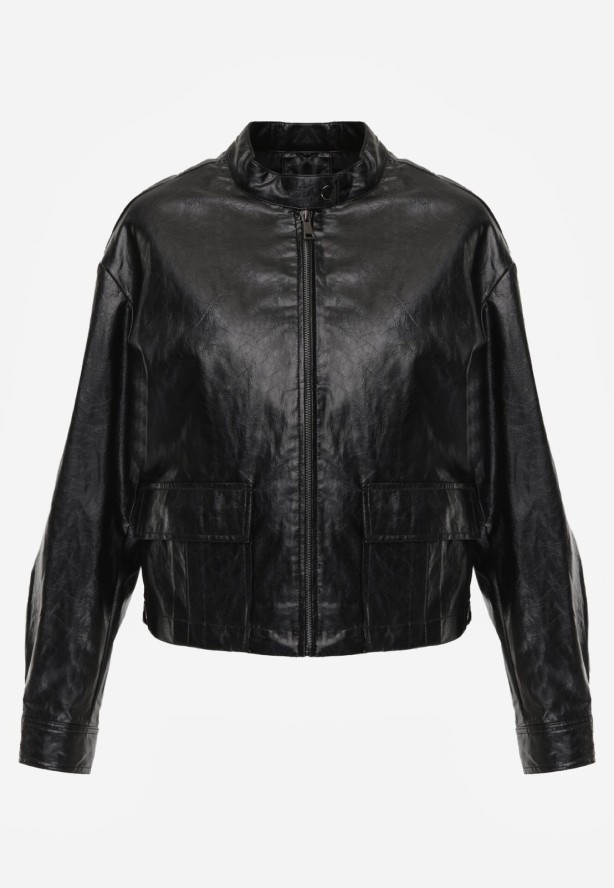 Czarna Kurtka Ramoneska Bomberka Ściągana po Bokach Salanthe