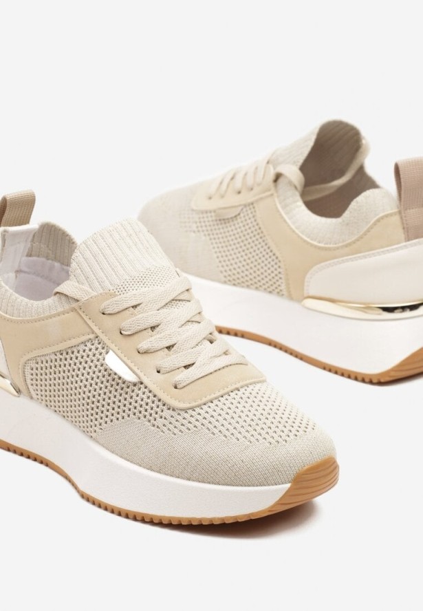 Beżowe Sneakersy z Siateczkową Cholewką Saramis