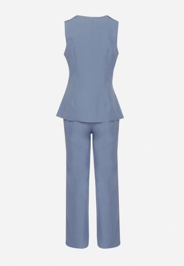 Niebieski Komplet w Stylu Garniturowym z Kamizelką i Klasycznymi Spodniami Ronthia