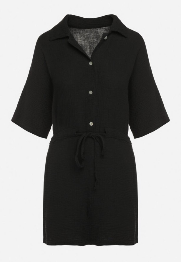 Czarny Muślinowy Kombinezon z Bawełny Wiązany w Talii z Guzikami Dlirena