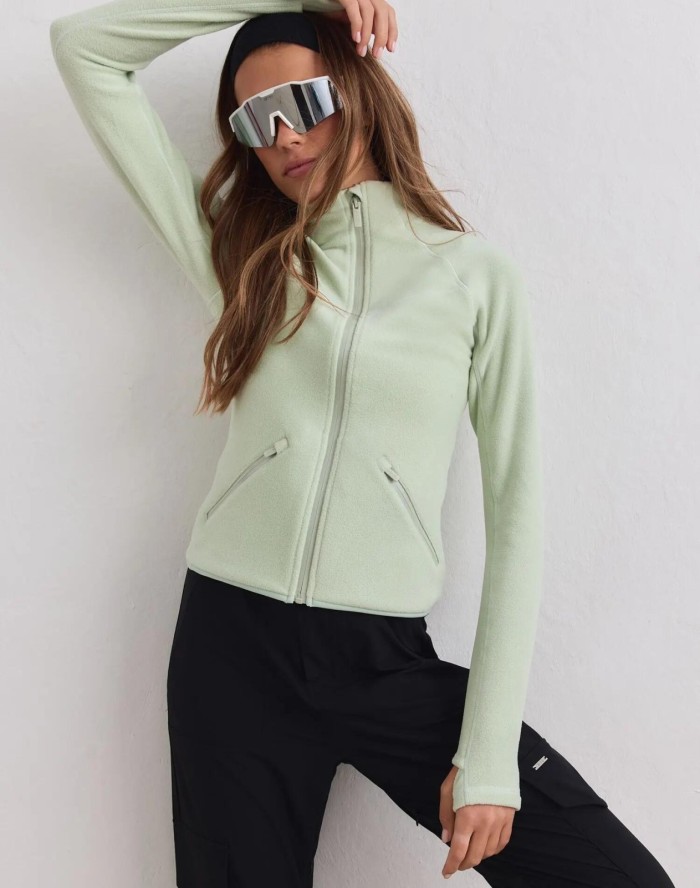 Damska kurtka polarowa, elastyczna, na zamek, pistacjowa