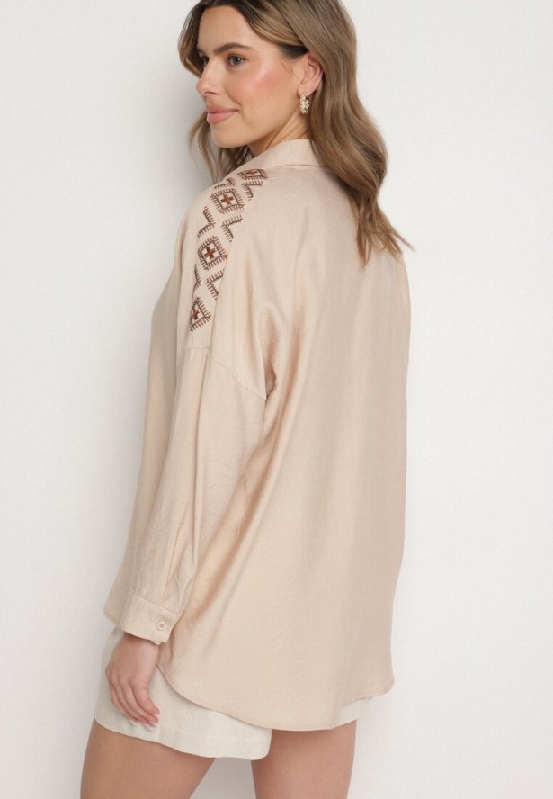 Beżowa Koszula Ozdobiona Haftem Ulosandria