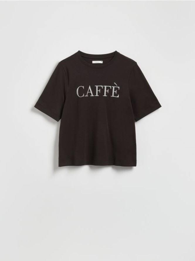 T-shirt z haftowanym napisem - ciemnobrązowy