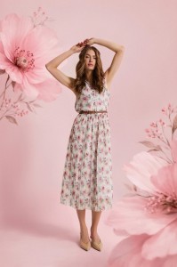 Sukienka w kwiaty z paskiem biała