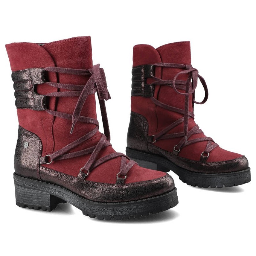 Botki damskie Maciejka, skóra licowa łączona z zamszem wiązane sznurowadłami z wnętrzem wyściełanym ciepłym miękkim futerkiem i z antypoślizgową pode