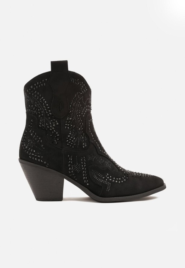 Czarne Kowbojki Botki Ozdobione Cyrkoniami na Stożkowym Słupku Tulmira