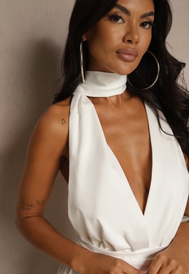 Biała Sukienka Koktajlowa Multiway z Wiskozą Wiązana na Szyi Lilovea