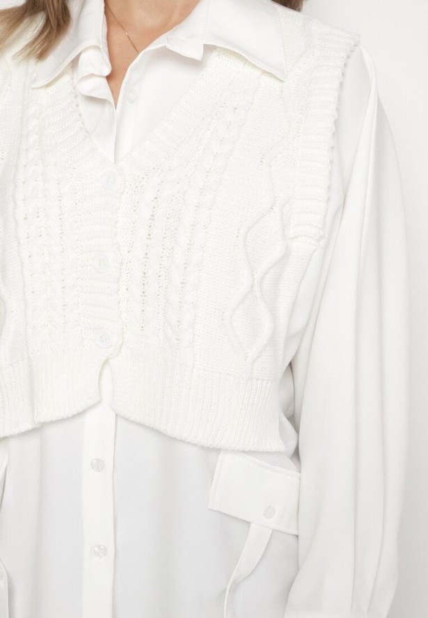 Jasnobeżowa Koszula o Nietoperzowym Kroju z Naszytą Dzianinową Kamizelką Hanorielin