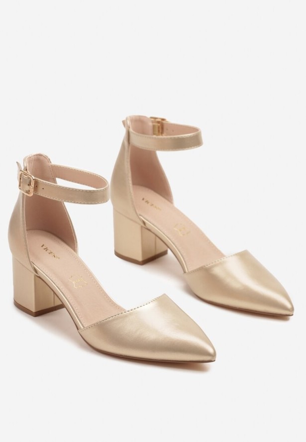 Złote Czółenka Sandały Vices na Słupku ze Skórzaną Wkładką Ozdobione Brokatem Leanelith