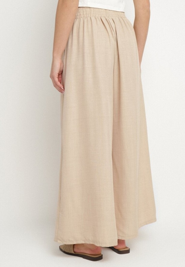 Beżowe Spodnie o Szerokim Kroju z Wysokim Stanem i Wiązaniem Telarieta