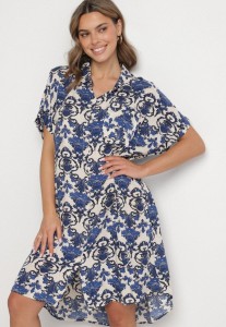 Granatowa Pudełkowa Sukienka Koszulowa z Wiskozy w Ornamentalny Print Vanisse