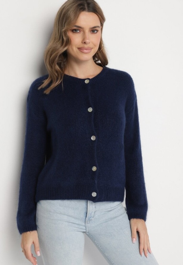 Granatowy Klasyczny Kardigan z Wełną i Moherem Noloria