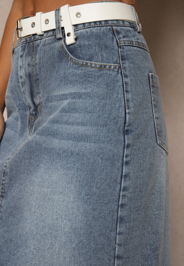 Niebieska Spódnica Jeansowa o Ołówkowym Kroju Zdobiona Rozcięciem Lisovira