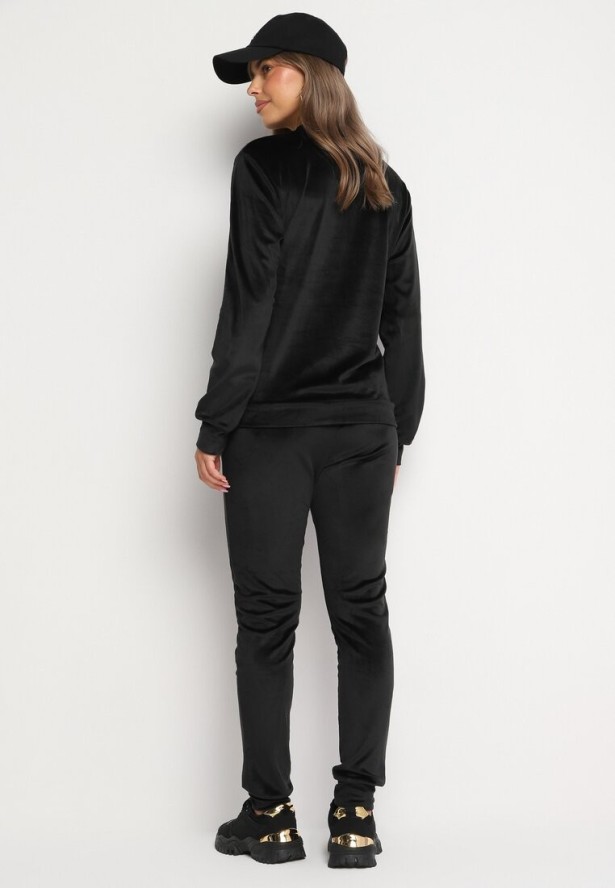 Czarny Komplet Dresowy z Dodatkiem Bawełny Bluzka i Spodnie z Gumką w Talii Evalora