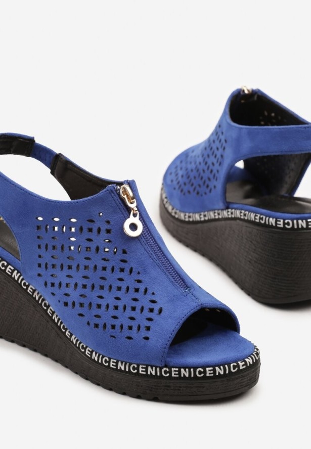 Niebieskie Sandały Vices na Koturnie z Ażurową Cholewką i Suwakiem Linalunea