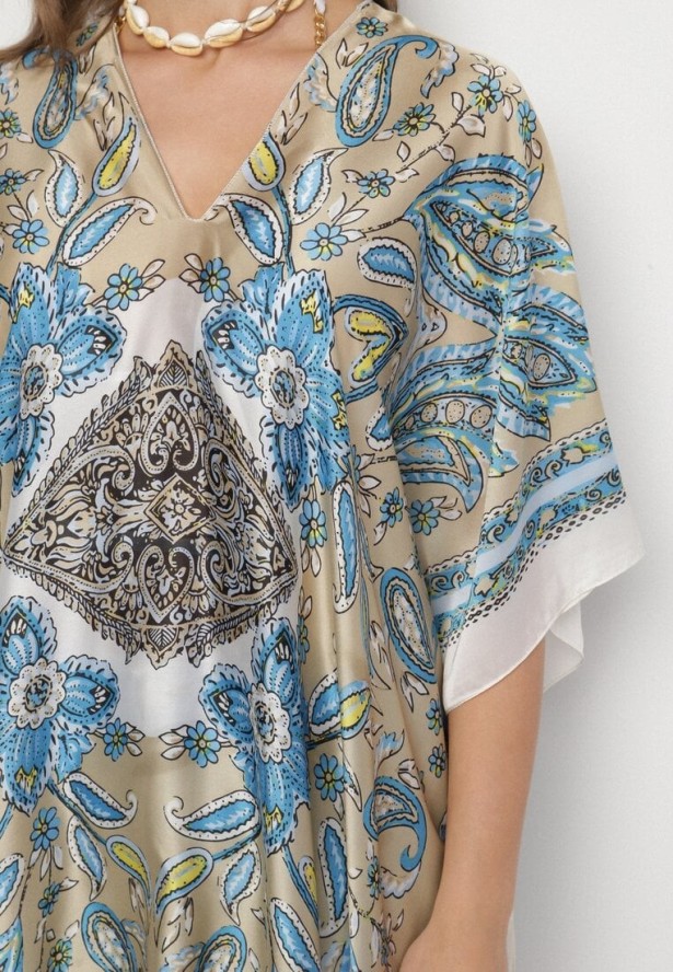 Beżowe Lekkie Ponczo Narzutka z Jedwabiu i Wiskozy w Ornamentalny Wzór Azendia