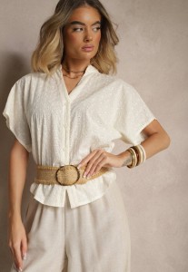 Ciemnobeżowa Koszula z Bawełny Ozdobiona Haftem Teladwenna