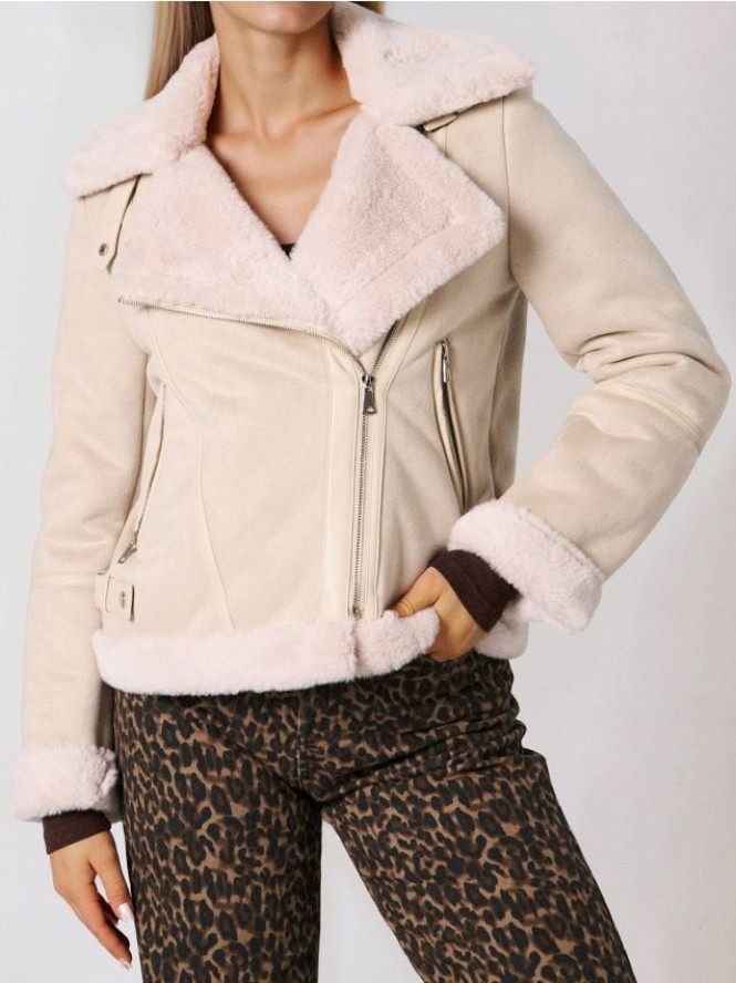 Kurtka ramoneska z ocieplanym kożuszkiem - kremowy