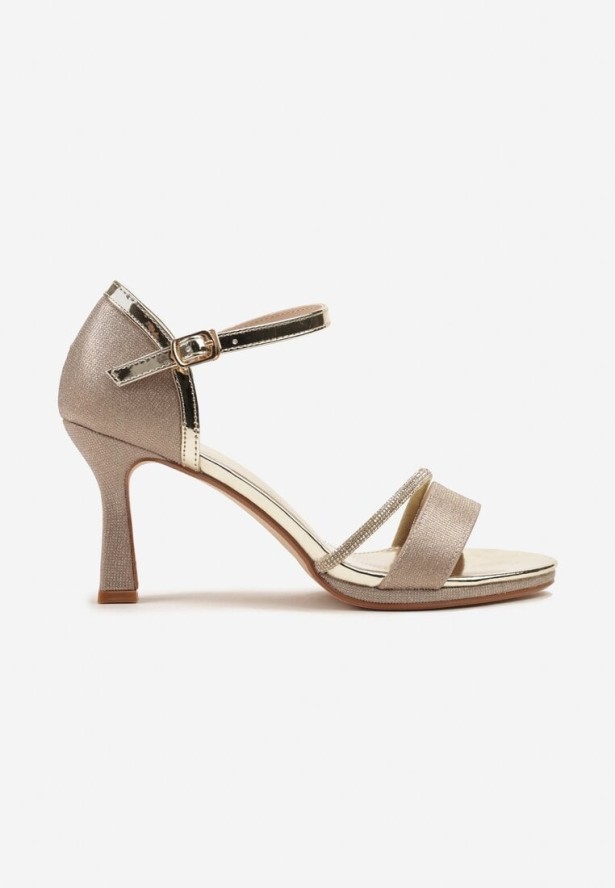 Złote Sandały na Szpilce Vices z Brokatem i Cyrkoniami Oviessae