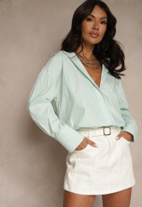 Zielona Koszula z Bawełny o Kroju Oversize w Paski z Metalicznymi Zdobieniami Pasenitia