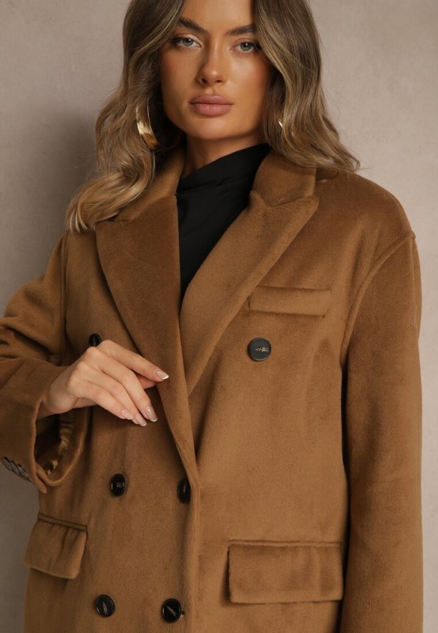 Brązowy Klasyczny Płaszcz Dwurzędowy z Kieszeniami Tereti