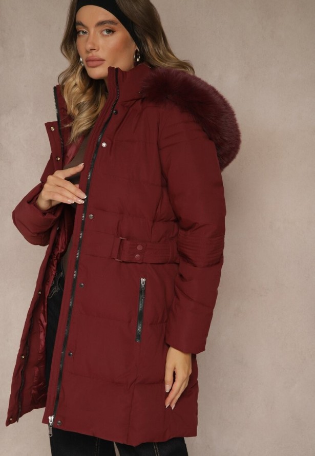 Bordowa Pikowana Kurtka Zimowa z Kapturem z Futerkiem Goella
