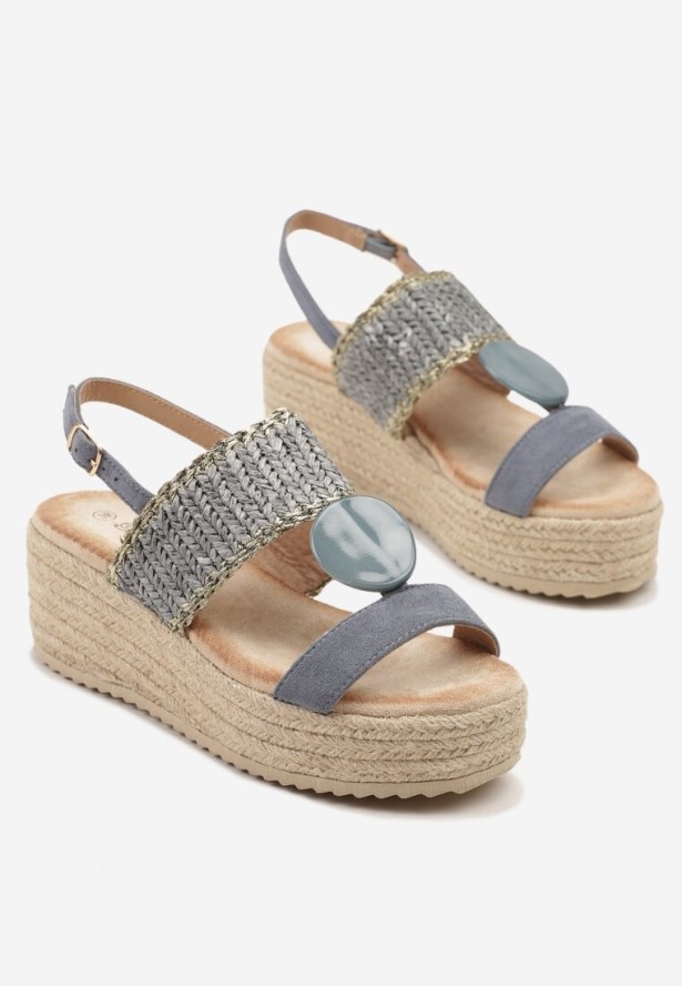 Niebieskie Sandały na Plecionej Platformie z Ozdobą Faloti