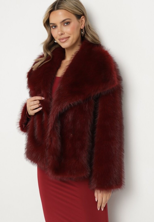 Bordowa Futrzana Kurtka z Szerokim Kołnierzem Merionnie