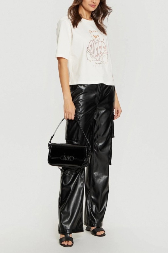 GUESS Beżowy t-shirt damski Bear Boxy, Rozmiar M