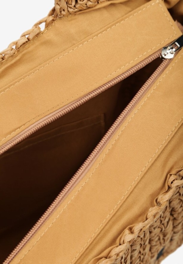 Ciemnobeżowa Pleciona Torebka z Rączką i Napisem Segelia