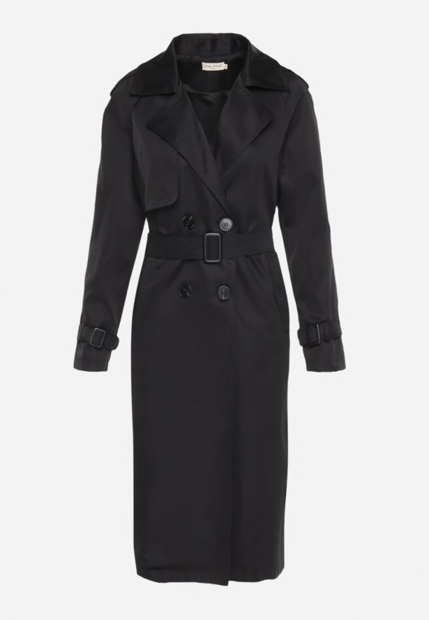 Czarny Długi Płaszcz Trencz o Klasycznym Fasonie z Paskiem Nasde