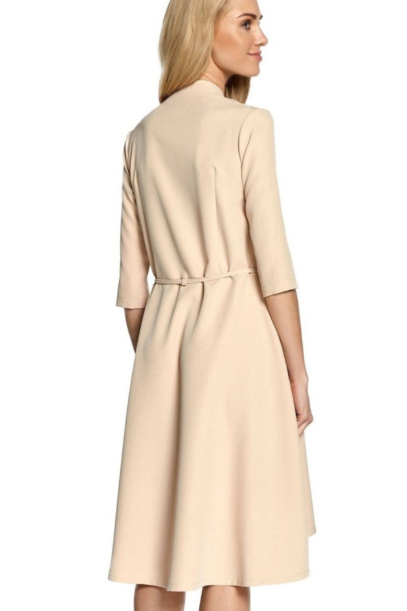 Sukienka trapezowa kopertowa midi z paskiem i kieszeniami beżowa